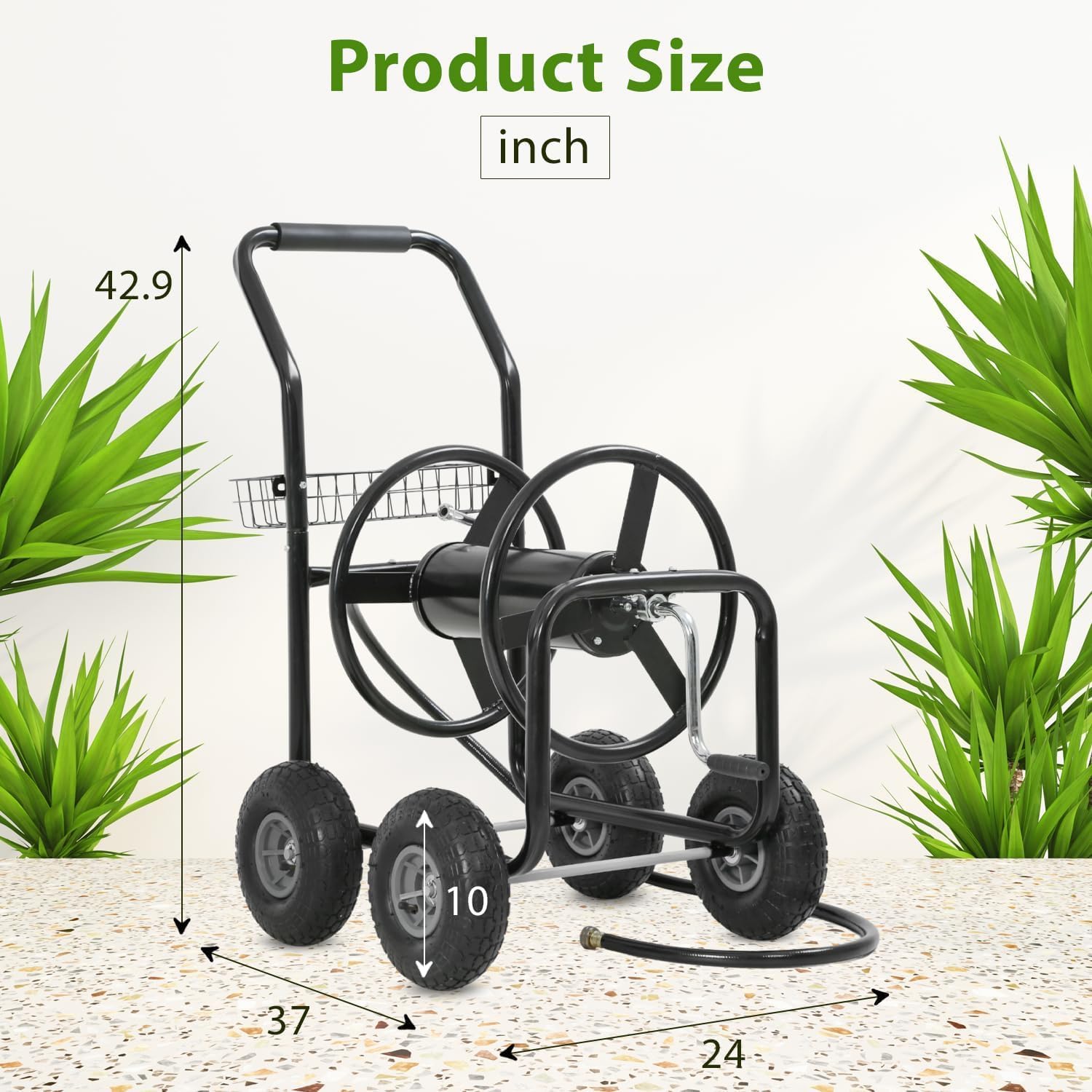 Heavy Duty 5/8’’ Garden Hose Reel Cart with Wheels – 300 ft Water Hose Holder for Outside, Portable Garden Hose Reel, Outdoor Hose Storage with Foam Handle & Storage Basket (Black)