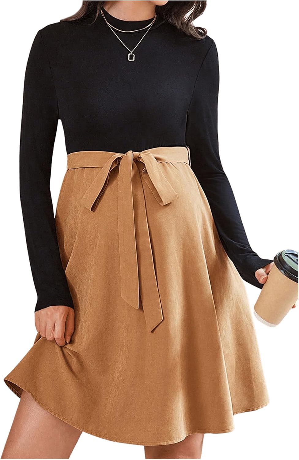OYOANGLE Women's Maternity Crewneck Long Sleeve Dress Colorblock Belted Flowy Pregnancy Fall Dresses