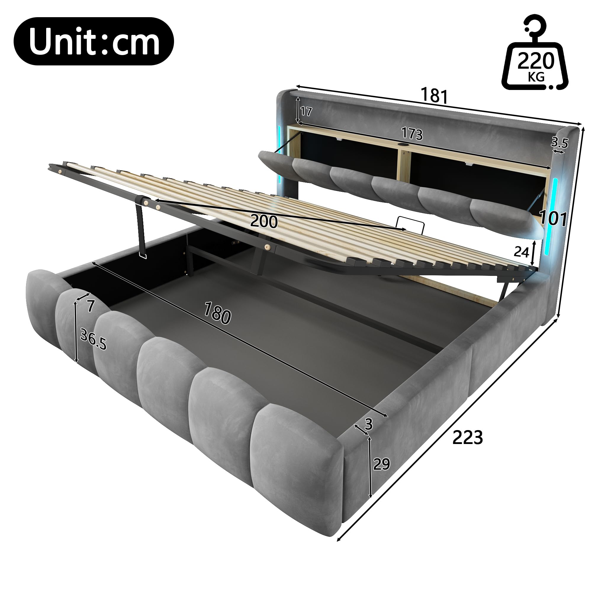 Doppelbett 180x200 mit Hydraulisch Stauraum, LED-Beleuchtung, Samt | Polsterbett, Samt Bettgestell mit USB- und Typ-C-Anschlüssen, Kopfteil mit Staufach, Bettrahmen mit Lattenrost(Ohne Matratze)