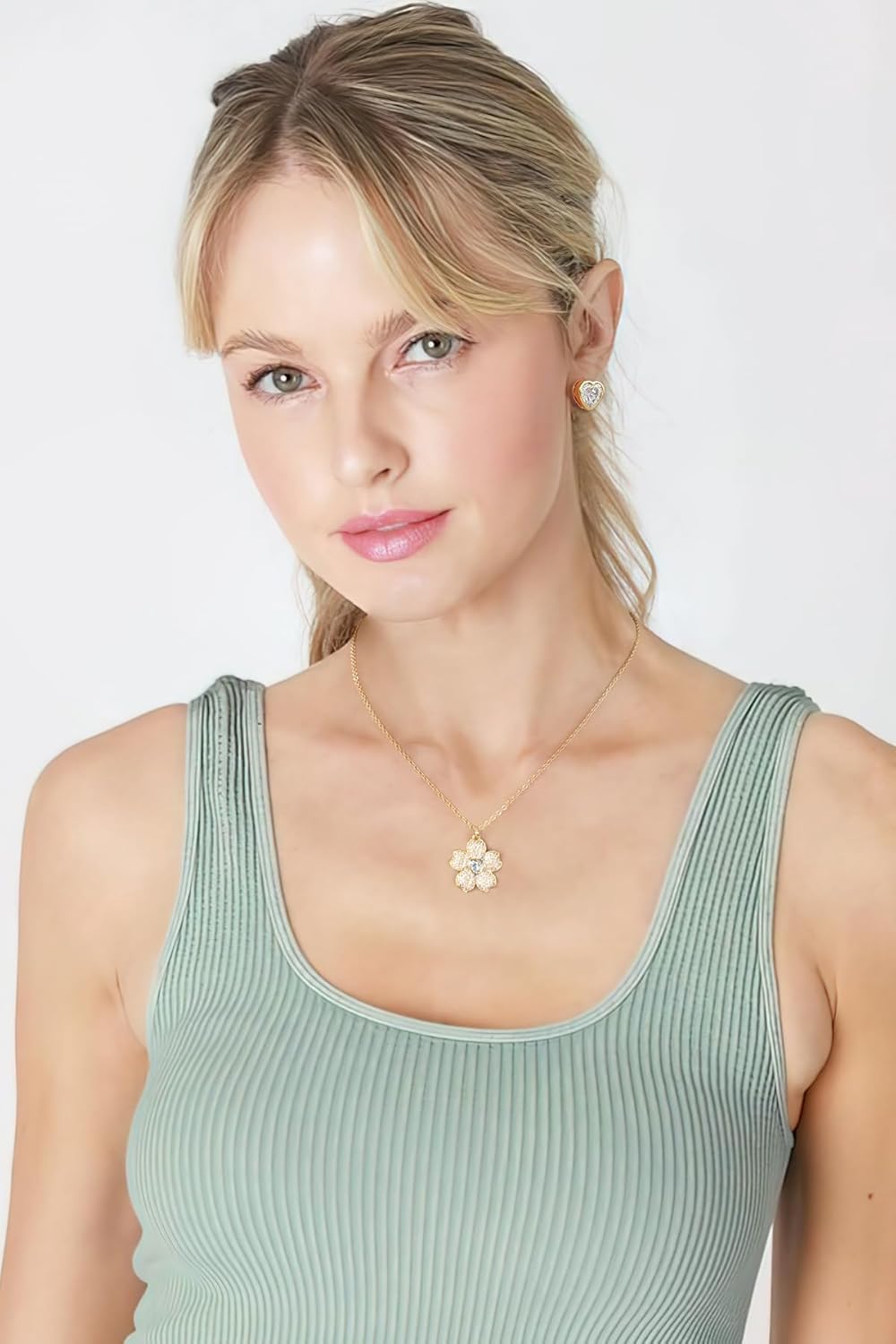 18K Gold Flower Pendant Necklace Heart Stud Earrings Sets for Women Elegant CZ Jewelry Set Birthday Gifts - Image 3