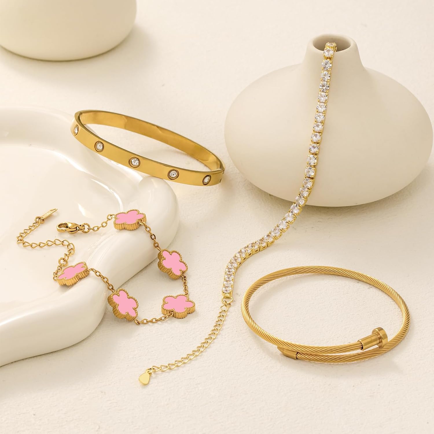 18K Gold Plated Womens Stackable Floral Bracelets Set,Twisted Cable Bangle,Trendy Jewelry,Waterproof adjustable bracelet,Christmas Birthday Gifts for Girlfriend or Mother. - Image 5