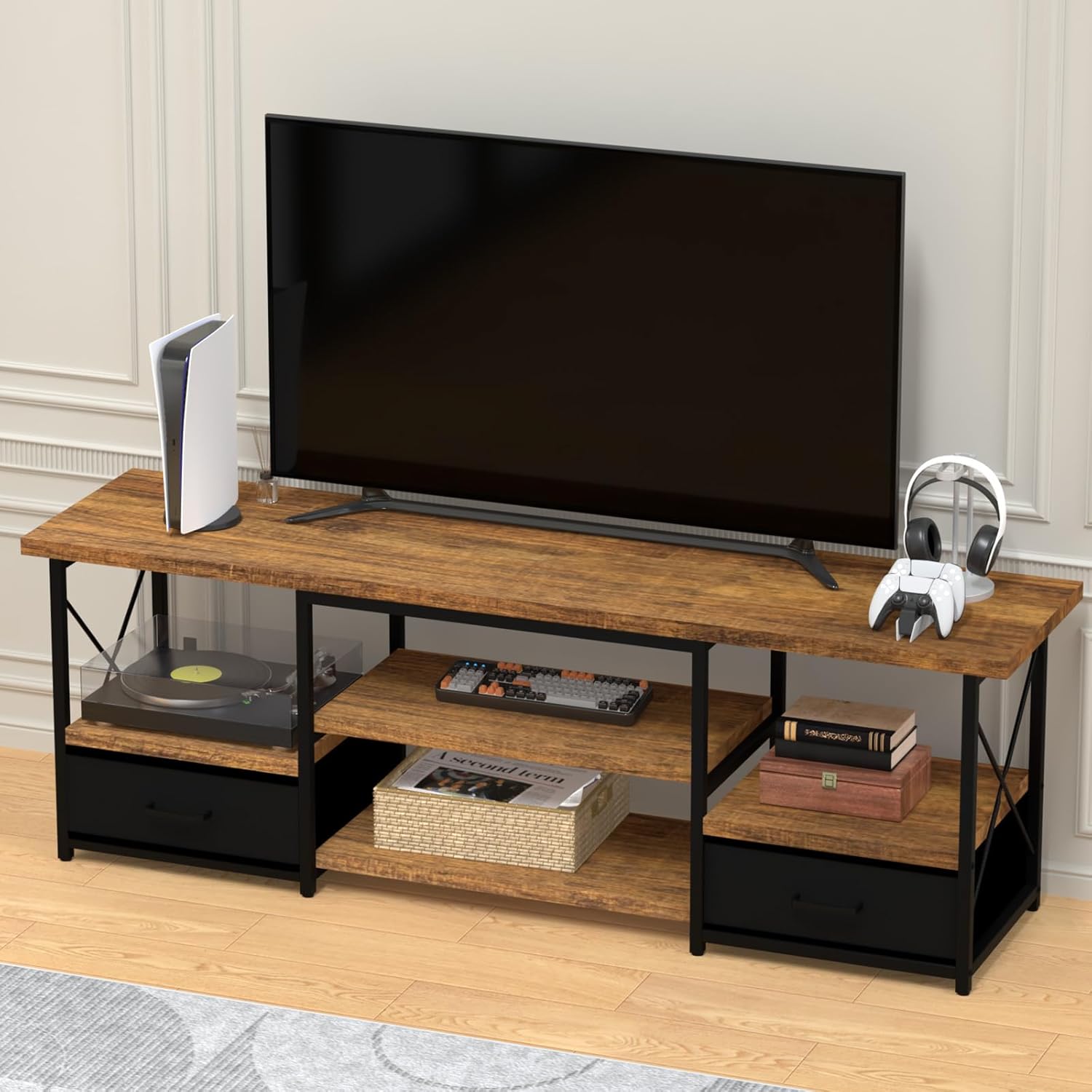 TV Stand with Fabric Drawers for 55 60 65 Inches TV - Modern Entertainment Center with Open Shelves and Cable Management, Industrial Style TV Console for Living Room, Bedroom
