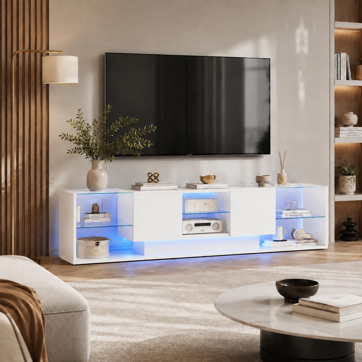 Mueble TV LED Blanco 200 cm, Mueble de TV Moderno con Luz LED.Mesa Televisión Salón con 2 cajones y Estante de Cristal, Armario Bajo para salón o Dormitorio, 200 x 35 x 45 cm (Blanco, B)