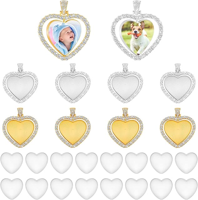 URROMA Blank Pendant Charms8 Pcs Photo Pendant Charm with 16 Pcs Glass Domes for Crafts Heart Double-Sided Bezel Pendant Trays with Glass Cabochons for DIY Jewelry Craft Making
