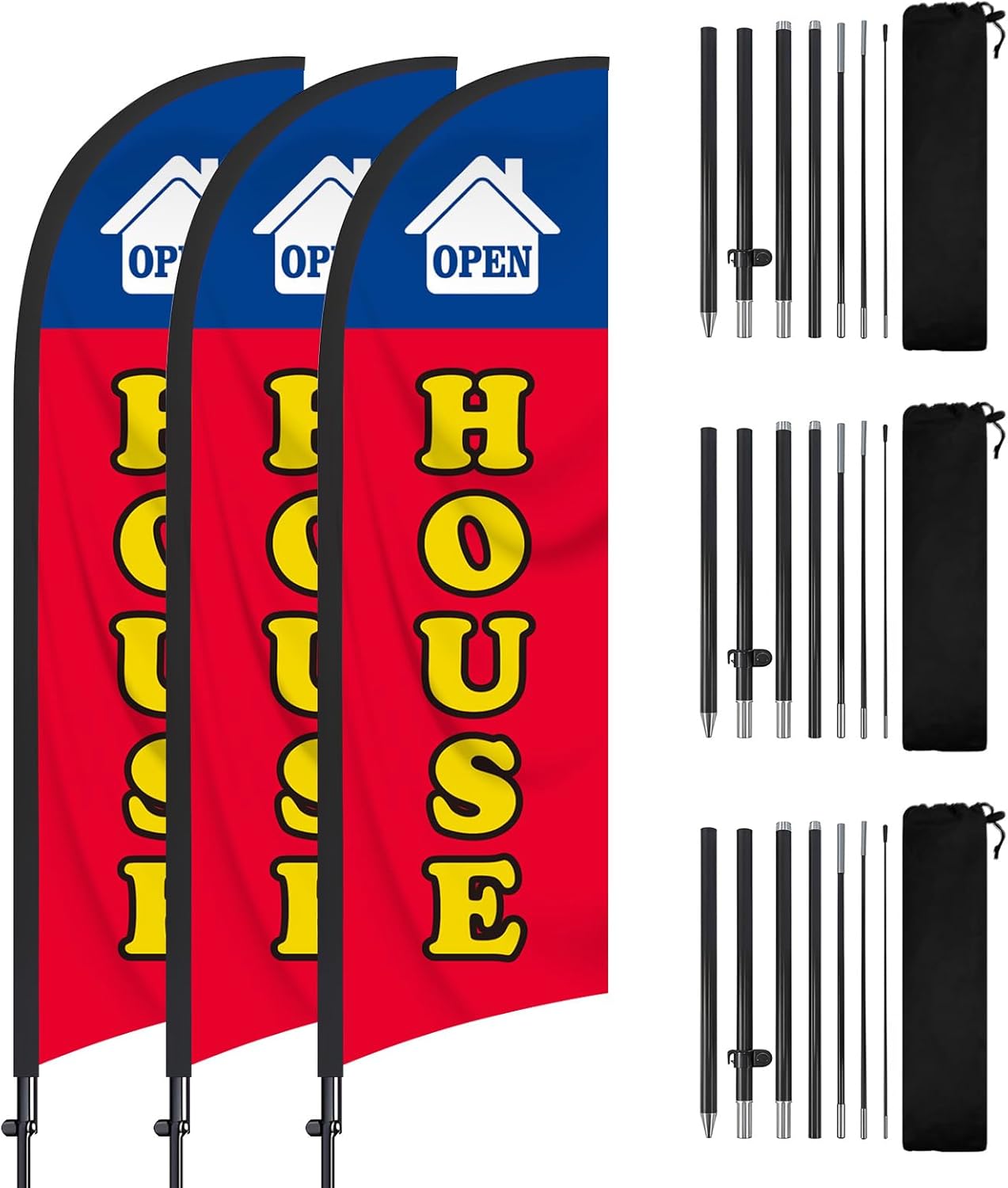 3 Pack Open House Flag for Real Estate 8 Ft Open Feather Flags Banner with Pole Kit and Ground Stake for Outside Outdoor