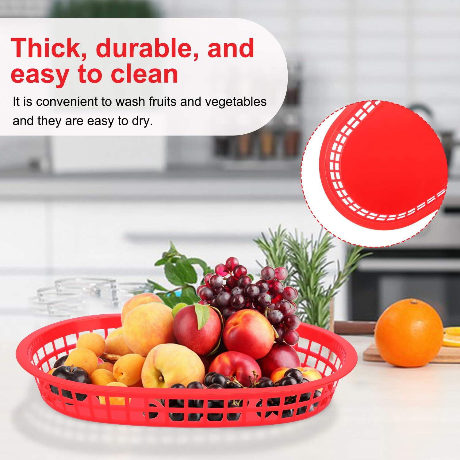 60 Pack Fast Food Baskets, 10.6 x6. 7 Inch Versatile Red Plastic Food Baskets, Food Service Tray for Burgers, Fries, Sandwiches, Hot Dogs, Barbecues, Picnics, Parties, Durable and Safe