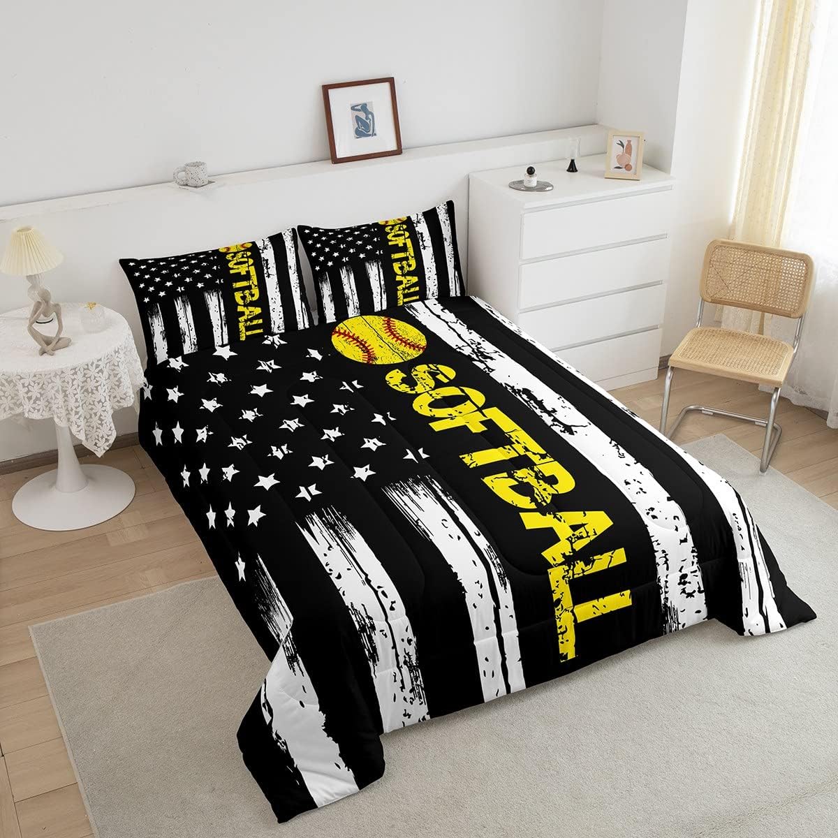USA Flag Comforter Set Baseball Softball Bedding Set Queen,White Black Striped Stars Quilted Duvet Sports Ball Game Down Comforter Retro Style for Kids Boys Teens Men Bedroom Décor with 2 Pillow Cases