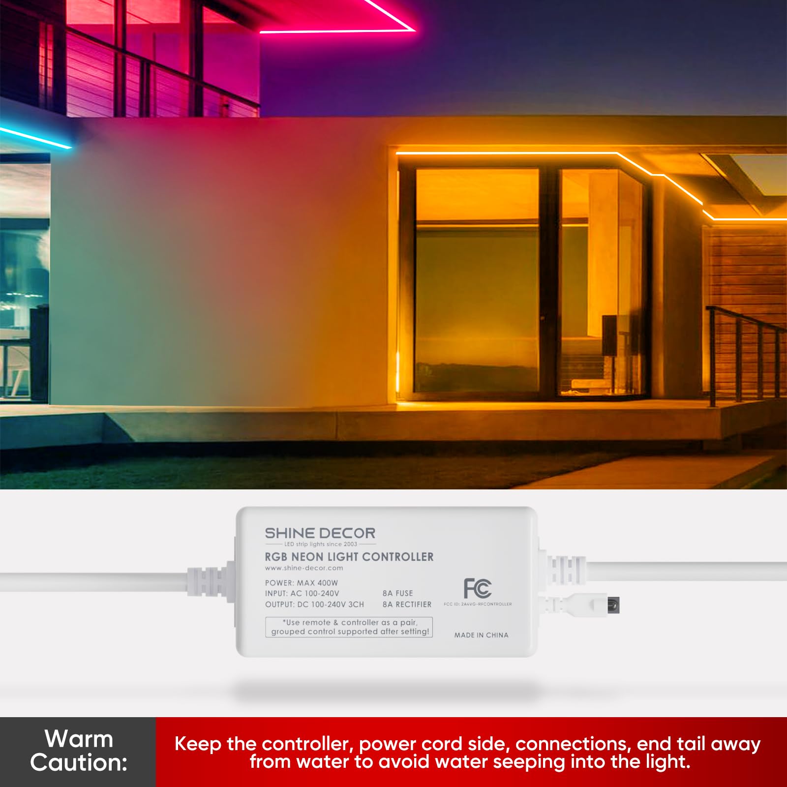 Shine Decor Controller con telecomando, alimentatore per 10 mm W x 20 mm H LED RGB Neon Rope Lights Solo