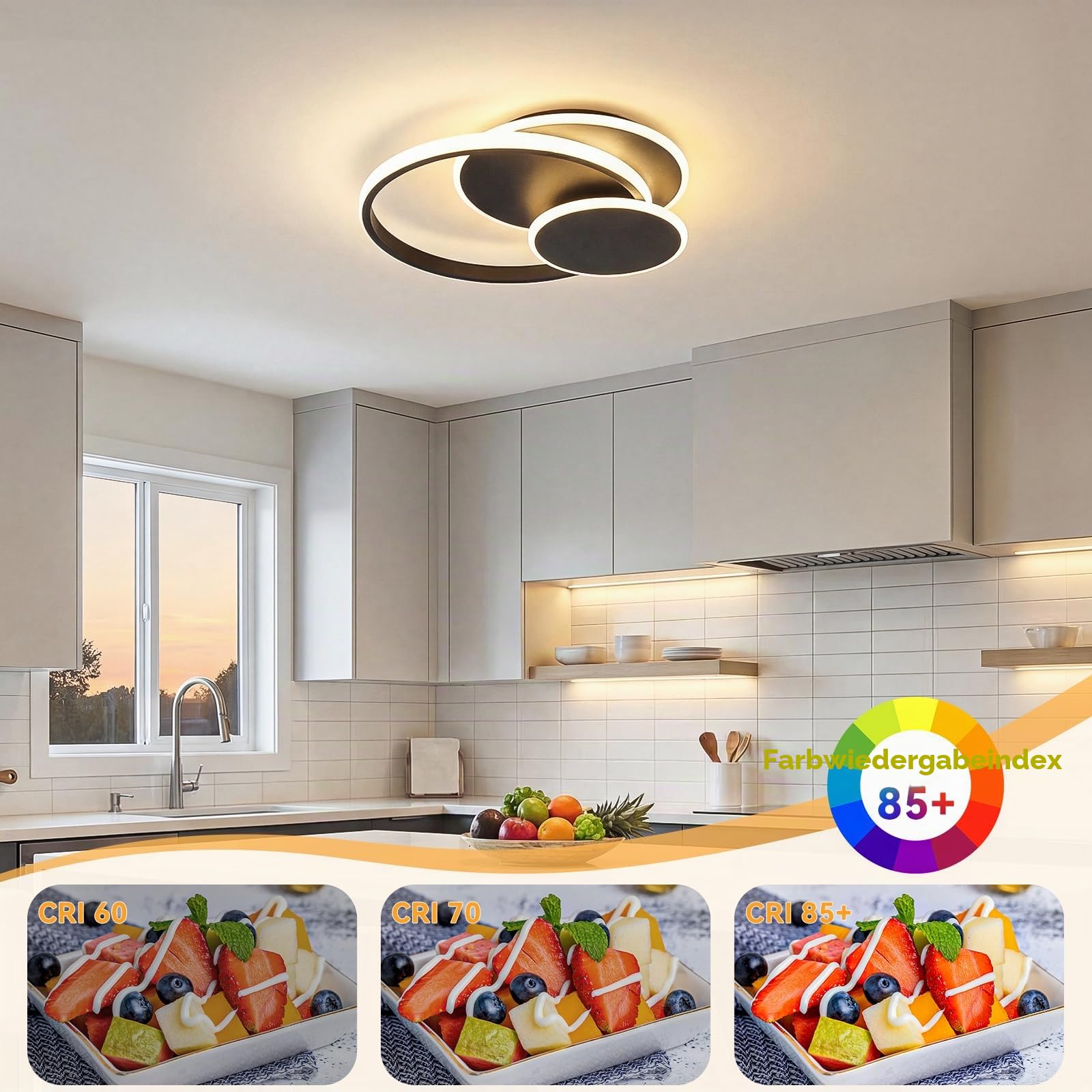 LED Deckenleuchte Wohnzimmer Deckenlampe, 33W Deckenleuchte Moderne mit Fernbedienung Dimmbar,3000K-6500K 3 Ring-Design Aluminium Led Deckenlampe für Wohnzimmer Schlafzimmer Küche,Schwarz,35*32*6.5cm