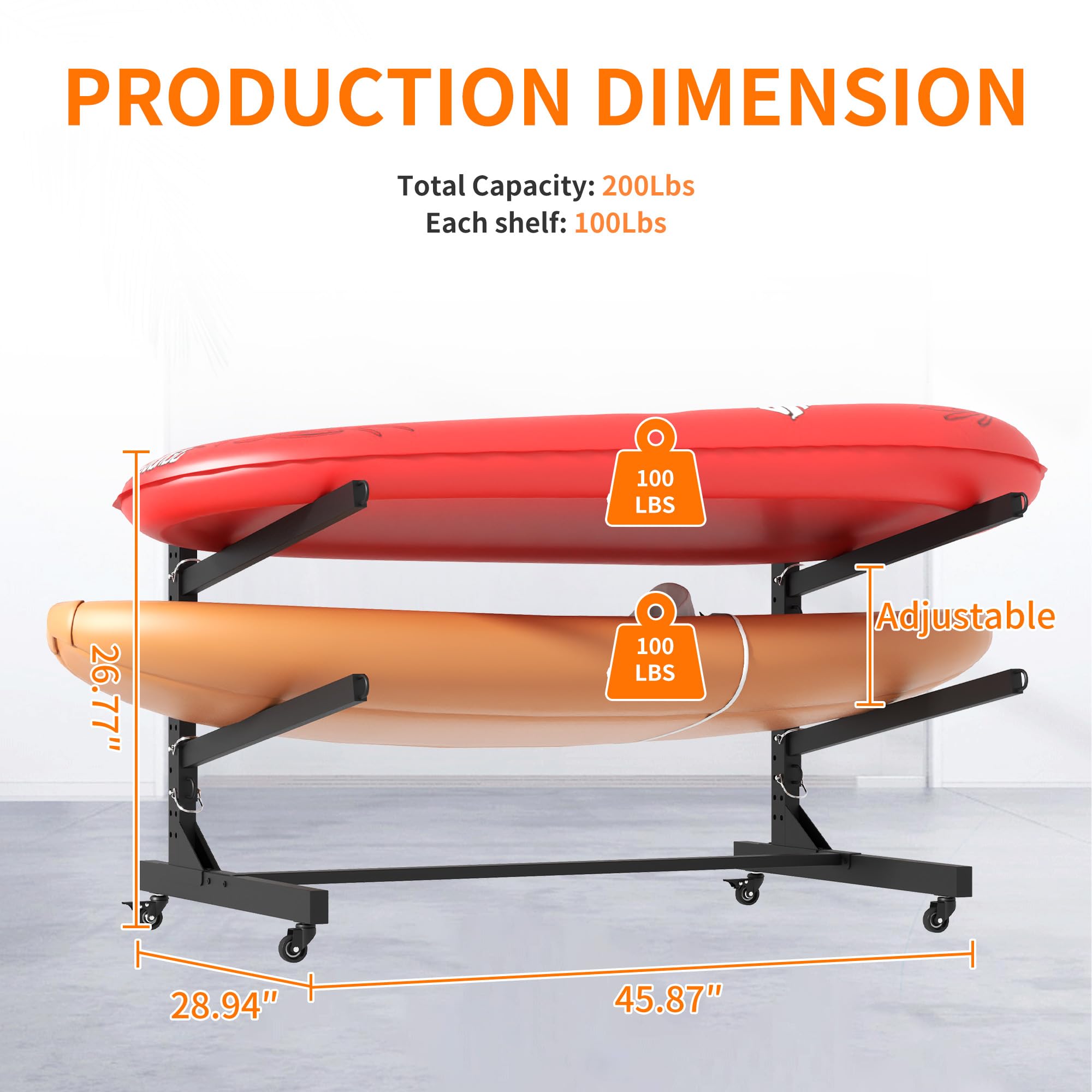DKYNDSYN Freestanding Kayak Storage Rack, Heavy-Duty Kayak Racks for Garage and Outdoor Storage with Movable Wheels, 2-Tier Adjustable Metal Stand for Kayak Canoe Surfboard Paddleboard