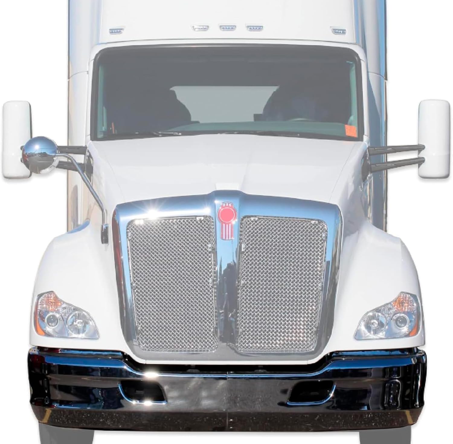 KOZAK Bumper Steel Chrome Extension Corners Set (Driver Left & Passenger Right Side) with Brackets Compatible with Kenworth T680 PLUS 2x 22" Windshield wipers, Logo, License Plate Frame and Vest