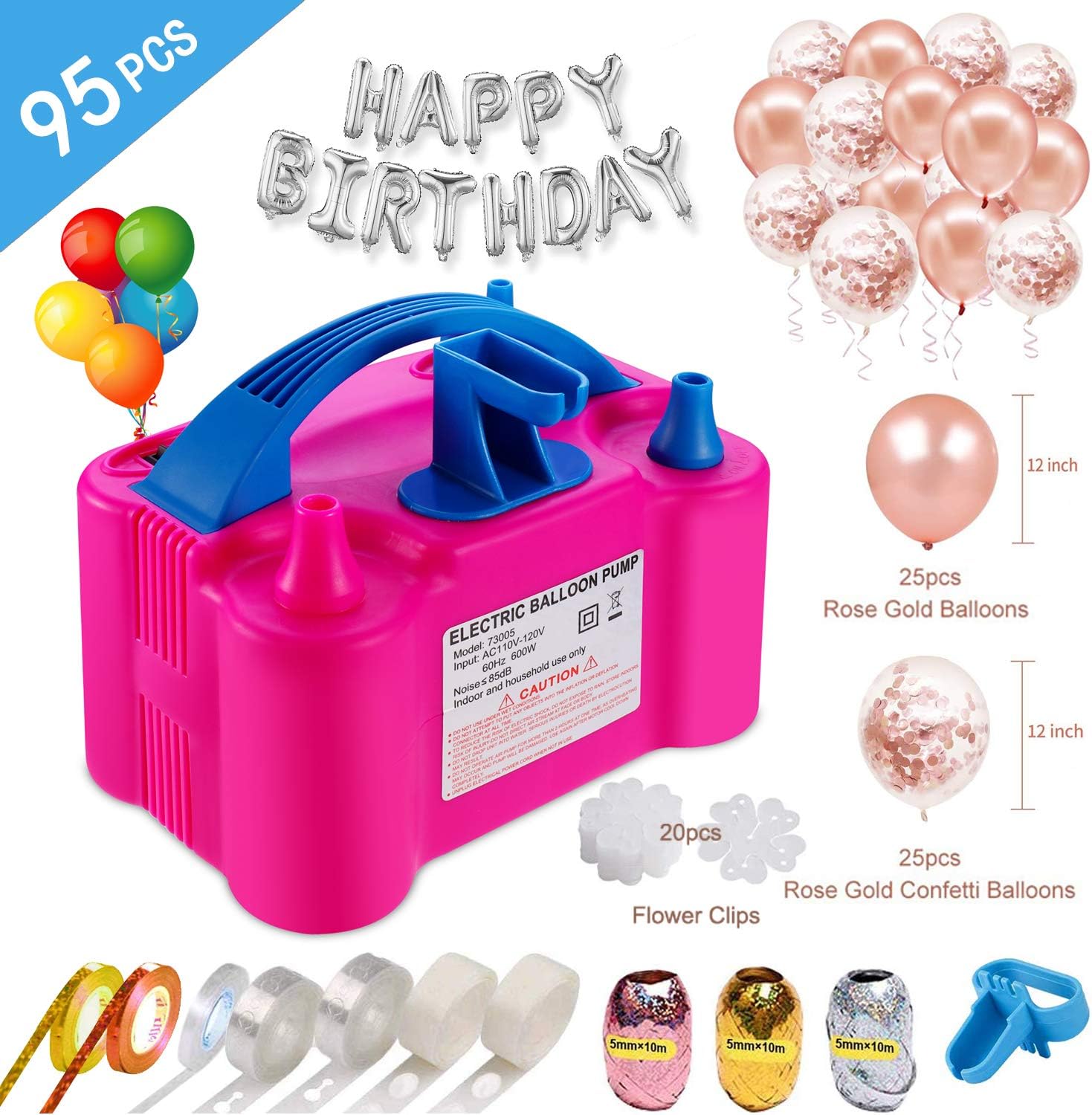 Electric Air Balloon Pump and Balloon Tying Tool In One,110V 600W Portable Dual Nozzles Electric Balloon Inflator with 50 PCS Balloons, Tying Tools, 20 Flower Clips, Tape Strip, Colored Ribbon and Dot Glues for Party Decoration Faster and Save Time