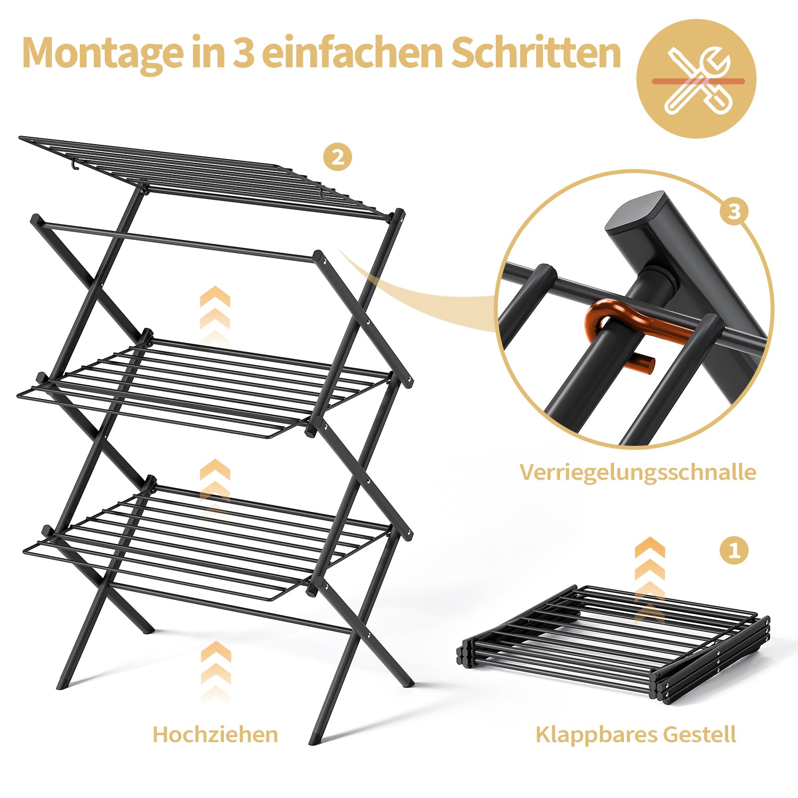 Klappbarer Wäscheständer aus Stahl - Mehrstöckig, Faltbar, Schwarz