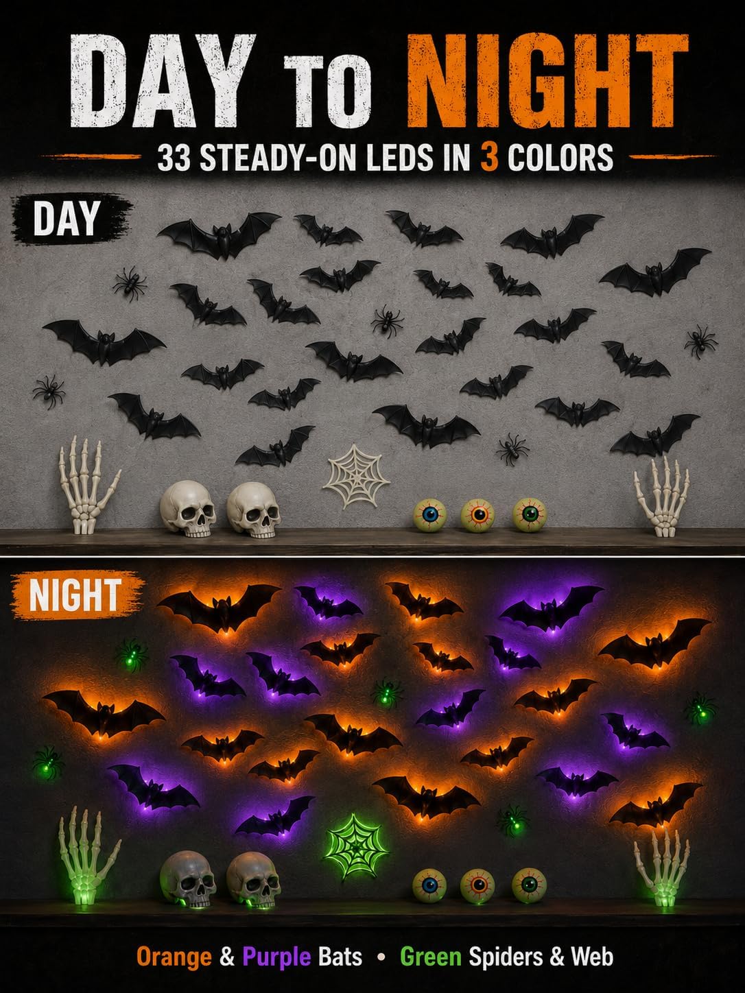 40 PCS 3D LED Halloween Bats Wall Decor with Spiders, Web & Skulls