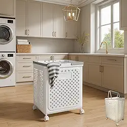 Cesto Organizador Dobrável Multiuso para Roupa Suja, 42L, Com Rodas - Luxlar (Branco, Médio)