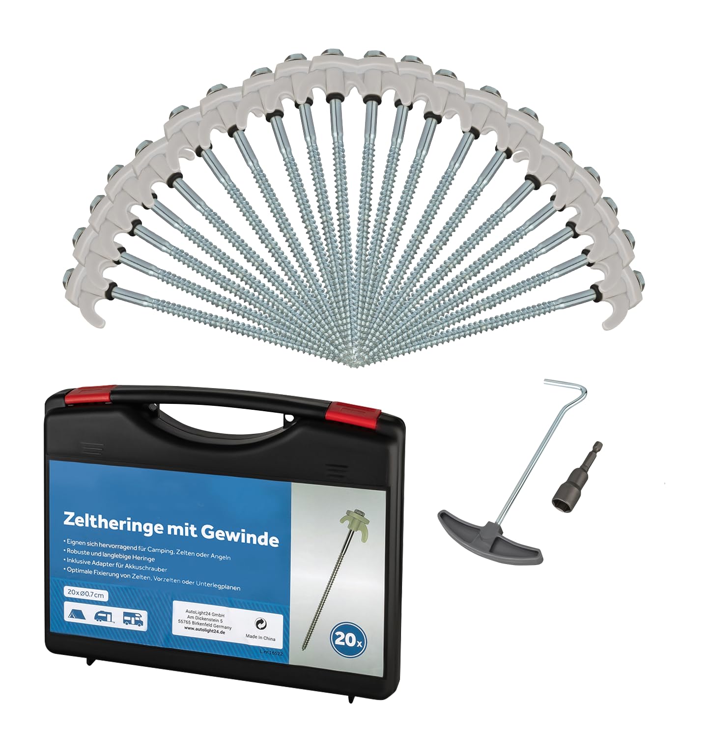Lot de 20 piquets à visser de 20 cm de diamètre 7 mm avec boîte de transport et embouts pour visseuse sans fil - Piquets en acier pour sols souples à durs - Vis de tente pour camping et extérieur