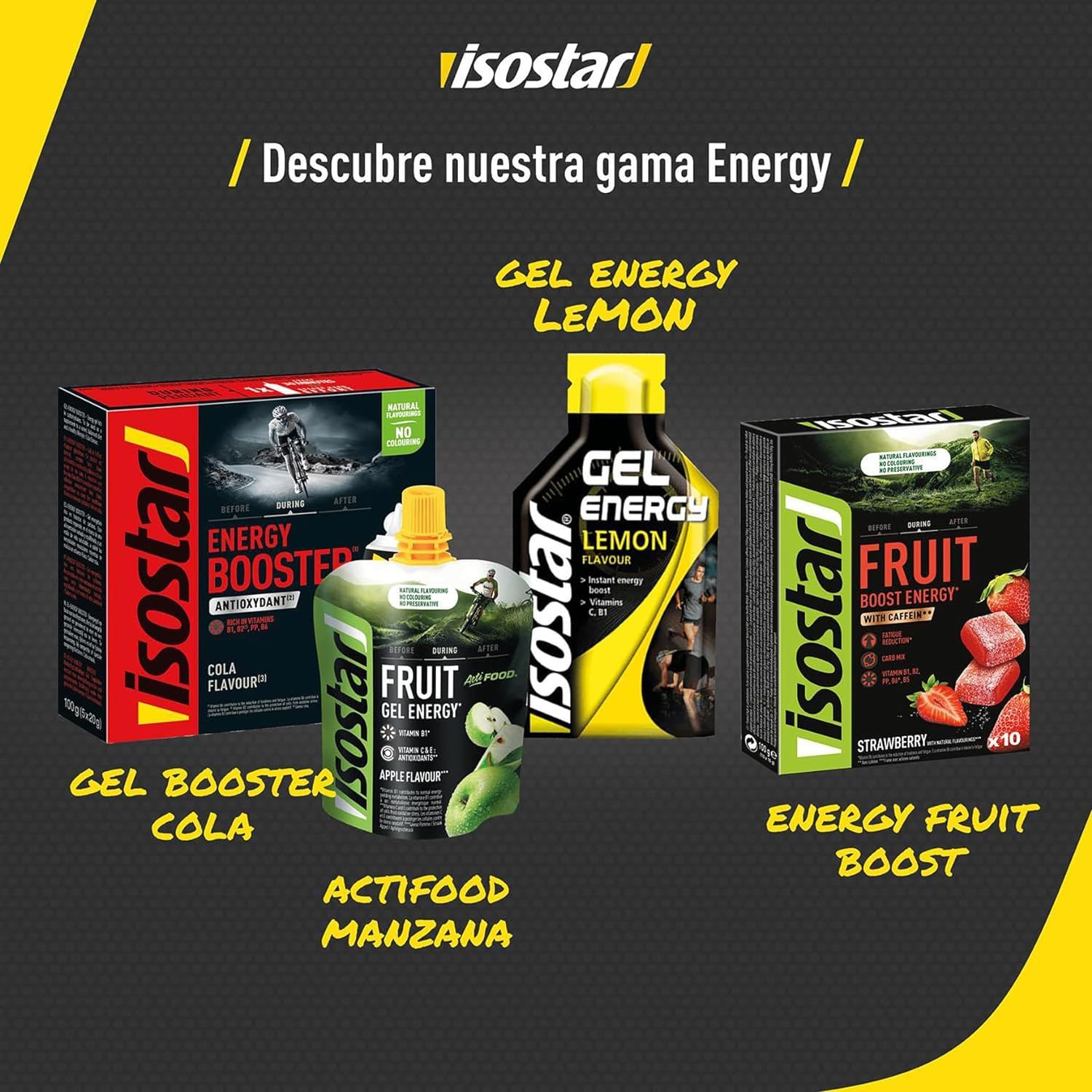 Isostar Actifood Gel Energético, Rico en Vitaminas C, E y Fuente de Vitamina B1, Sabor Exotic, 90g, 24 unidades