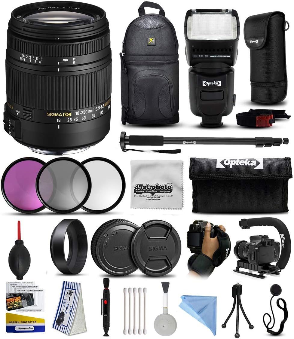 Sigma 18-250mm f3.5-6.3 DC Macro OS HSM with 3pcs Filter Set, 72" Monopod, Backpack, I-TTL Dedicated Flash, 10pcs Cleaning Kit, Microfiber Cloth and Accessory Bundle for Nikon DSLR Cameras (883306)