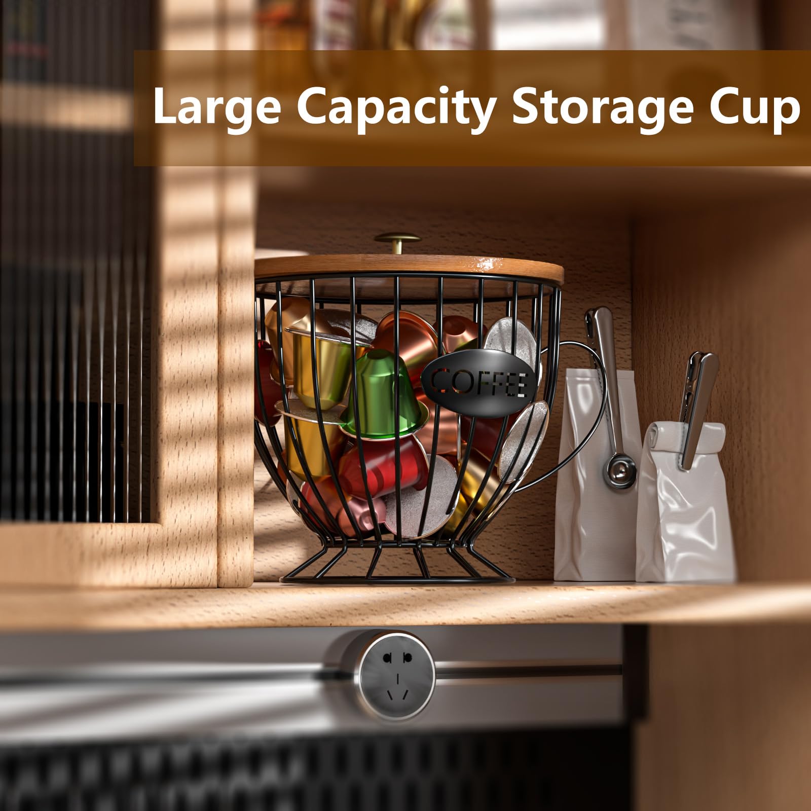 Coffee Pod Holder Large Capacity - K Cup Organizer For Counter With Wood & Metal Design (Black) - View #8
