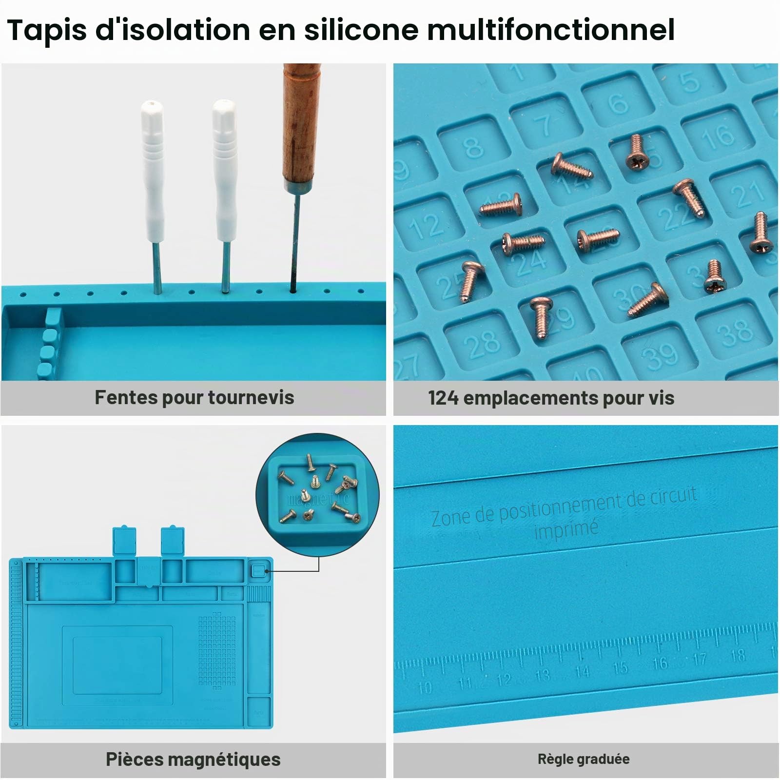 Tapis de soudure, Tapis de soudure en silicone résistant à la chaleur500 ℃ Tapis de réparation magnétique multifonction avec règle intégrée et encoches à vis, 45 x 30 cm