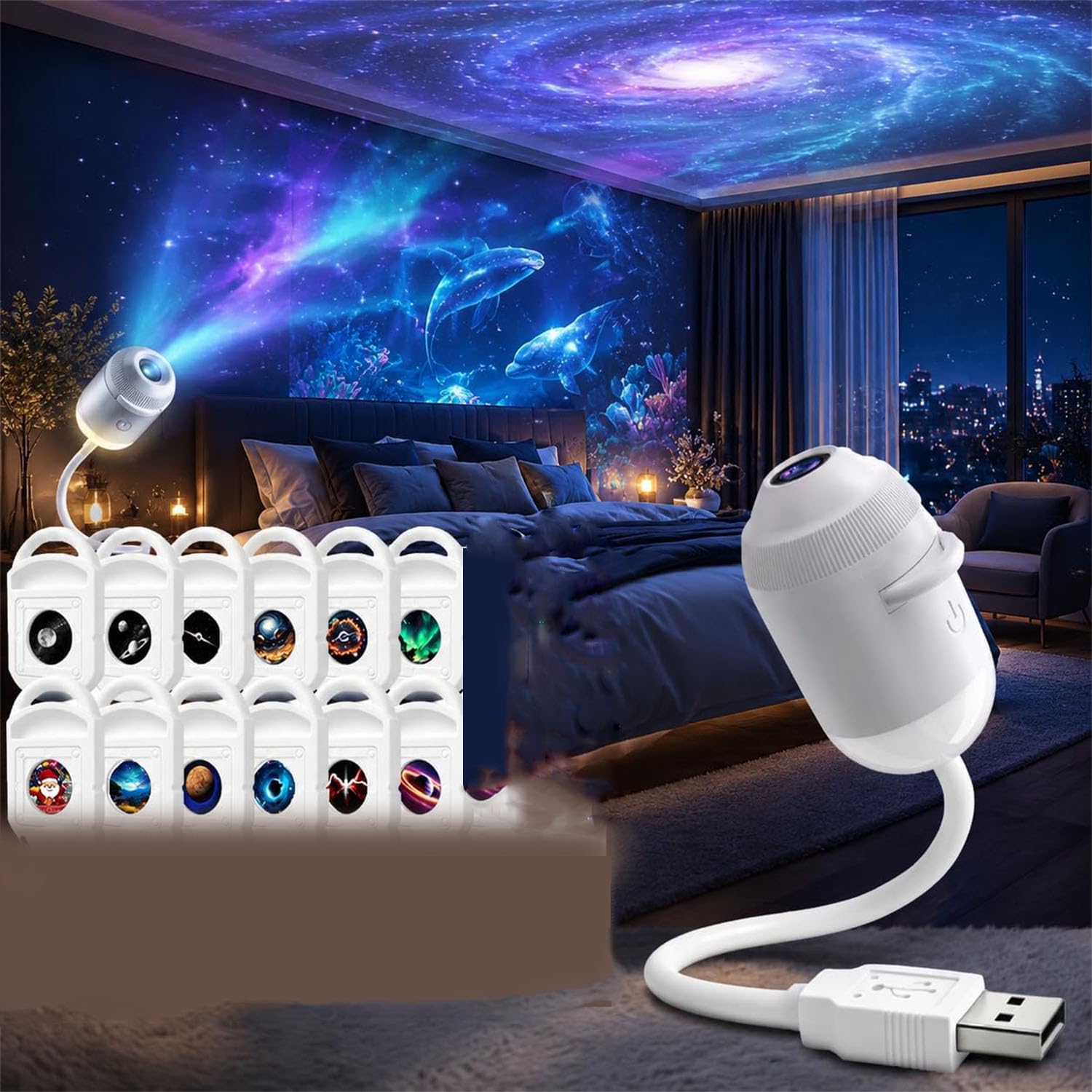 Smart Dynamic 5DHolographic Night Light Projector,2-in-1 Star Projector Light with 3/6/12/24 Sliding Projection Films,Plug and Play Star Projector,360° Adjustable,for Bedroom Ceiling Wall (12 lens)