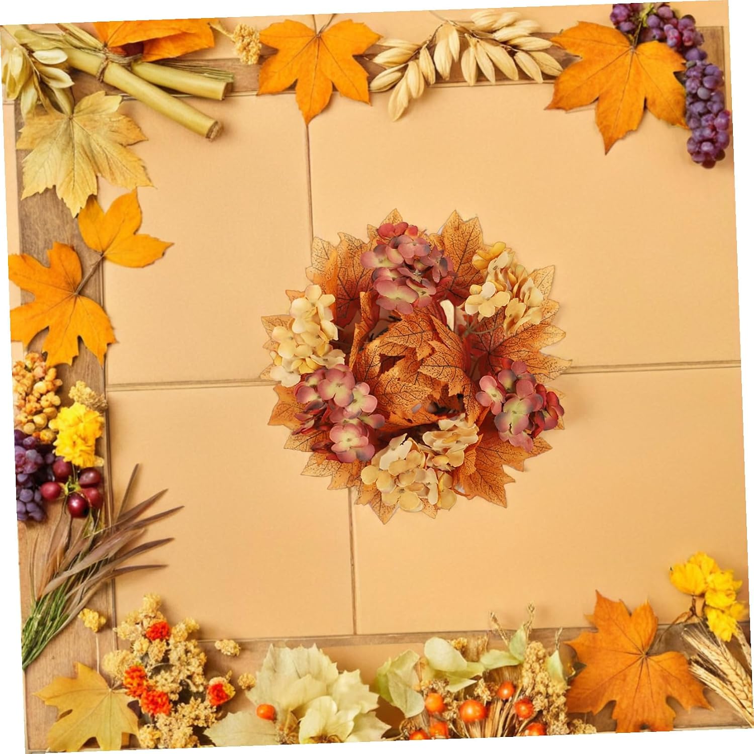 Lurrose 2pcs Autumn Candle Ring Holder with Artificial Maple Leaves and Pumpkin Garland Handmade Fall Floral Wreaths for Pillar Candles Thanksgiving Day Table Centerpieces Easy Maintenance