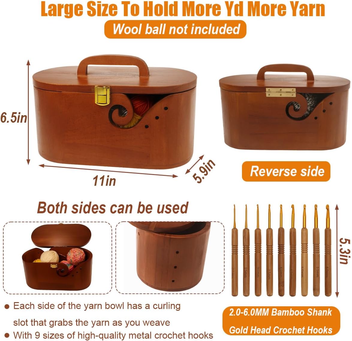 Portable Oval Wooden Yarn Bowl - with Lid, Lock & Handle, 9 Knitting Hooks Set, Perfect Organizer for Threads & Knitting Supplies