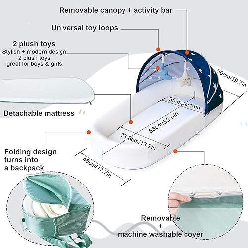Miniatura 7 de Tumbona grande portátil para bebé, cuna de viaje, toldo y mosquitera, ligera, plegable, funda de algodón y almohadilla de colchón de apoyo, lavable