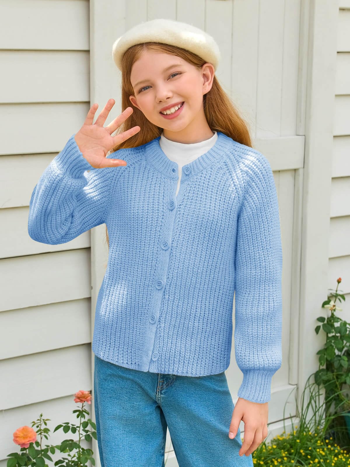 Haloumoning Cárdigan de punto grueso con botones y manga larga para niñas, abrigo lindo para otoño, 5-14 años