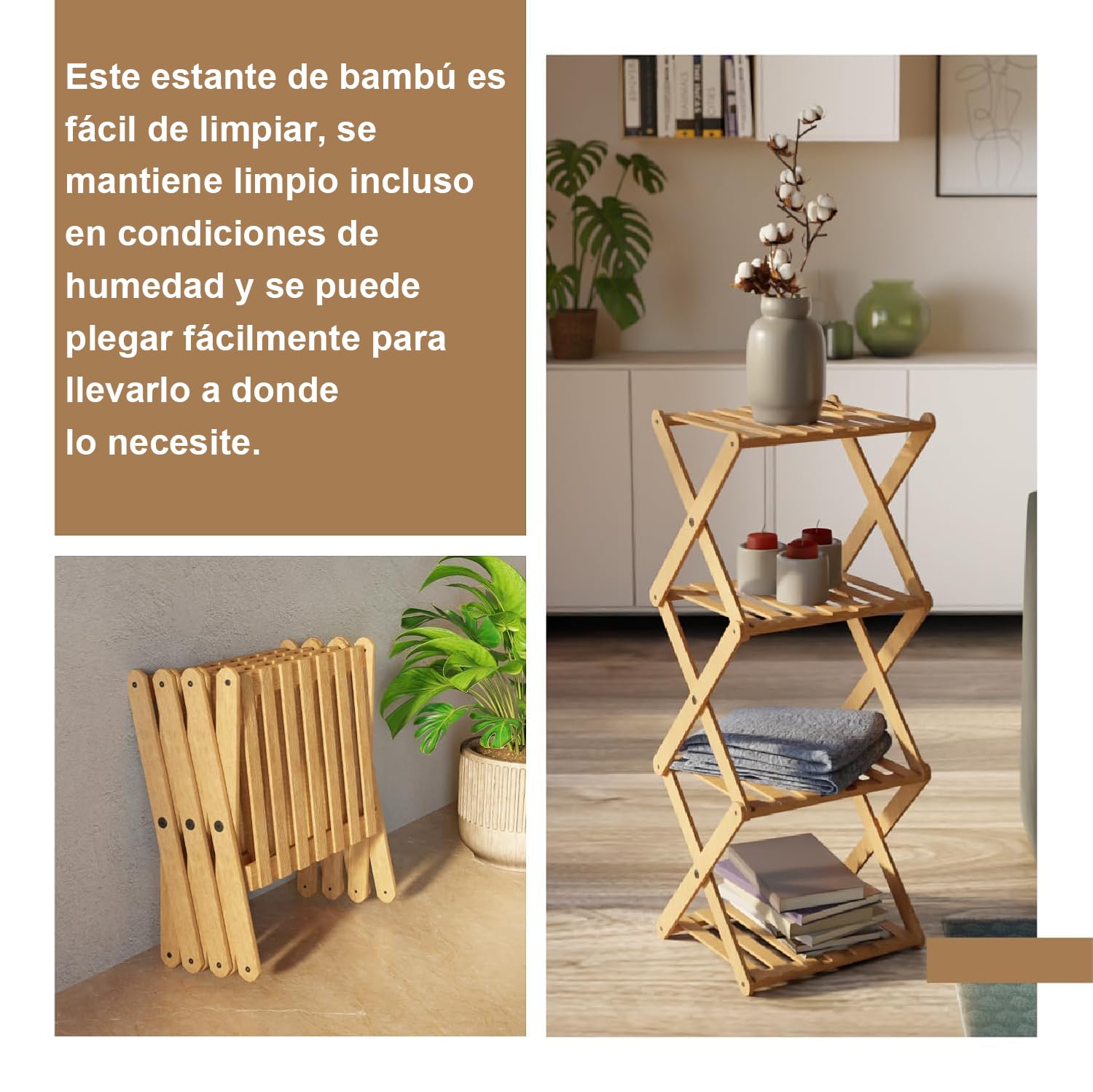 Ichigo Ichie Estantería Plegable de Bambú de 4 Niveles, Estante de Almacenamiento Multifuncional para Hogar y Baño, Ideal para Toallas, Cosméticos, Perfumes y Plantas, 29.8x28x91cm