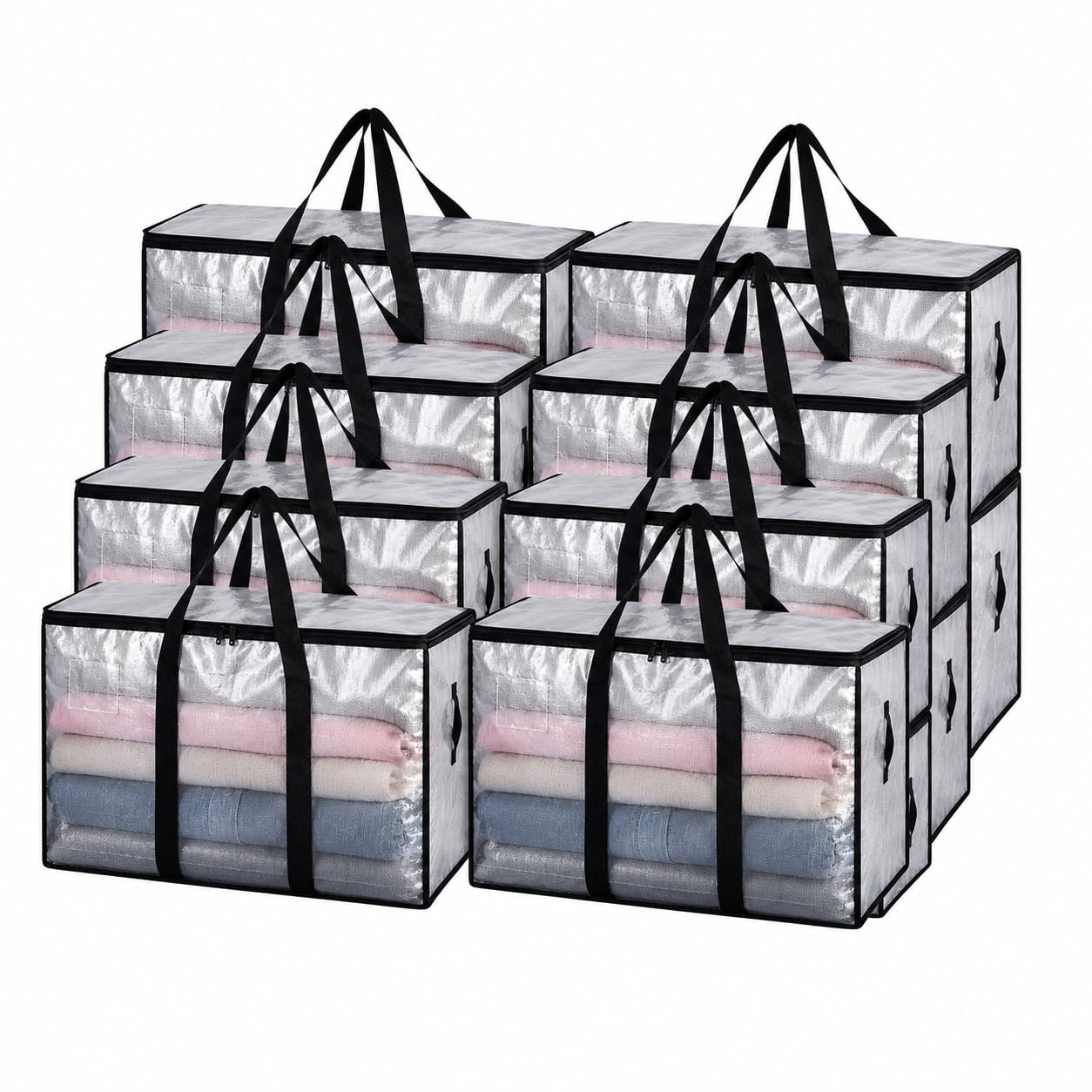 Oversized Storage Bags with Zip & Handles – Large Clear Clothes Storage Organiser Bags for Bedding, Duvets, Blankets, Clothes & Moving House – Heavy Duty Foldable Storage Containers (Pack of 8)
