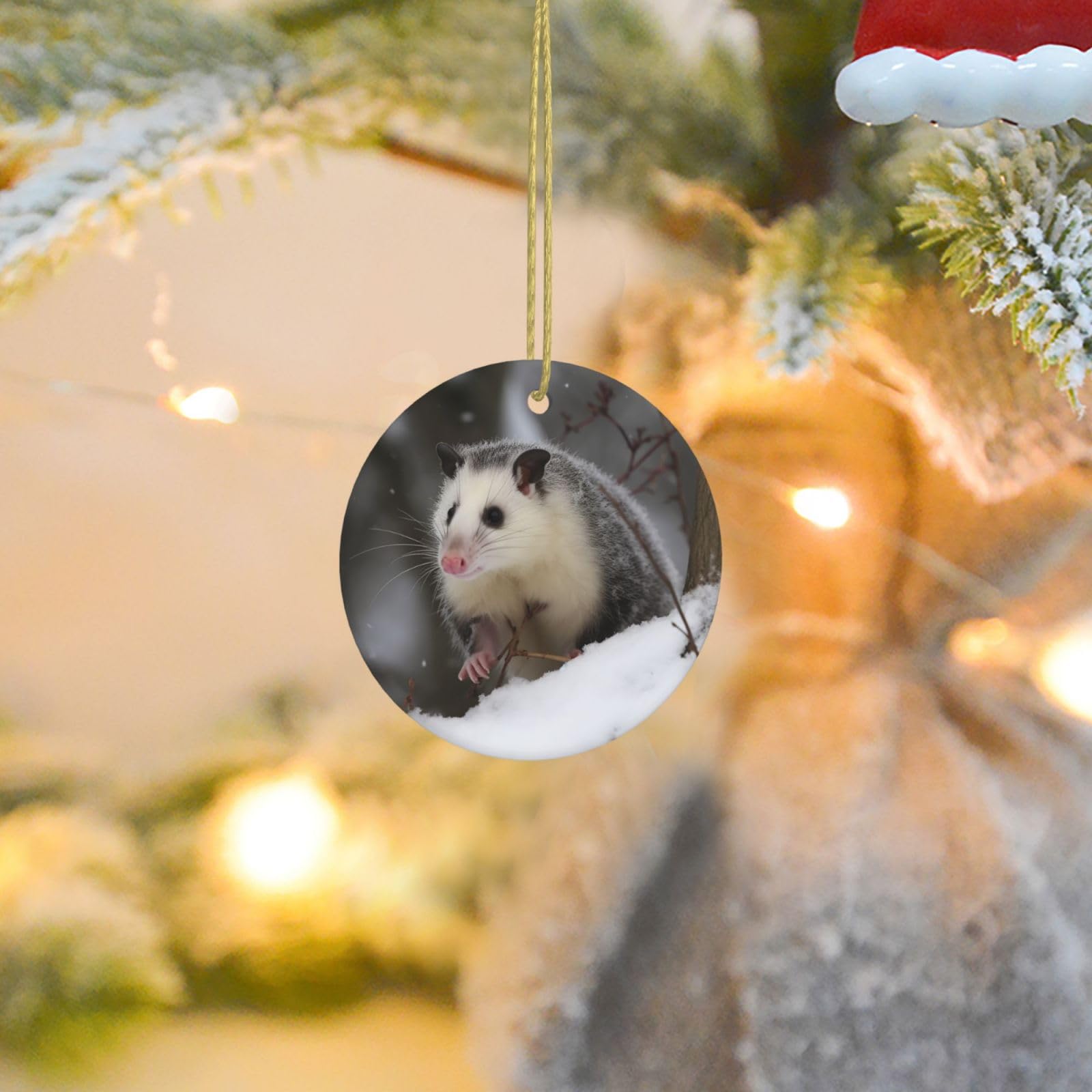 Christmas Ornaments for Christmas Tree Decoration Ceramic Hanging Opossum in Snow Ornament with Gold Ribbon Crafts Round Pendant for Keepsake Gifts Glass Xmas Decor Party Supplies