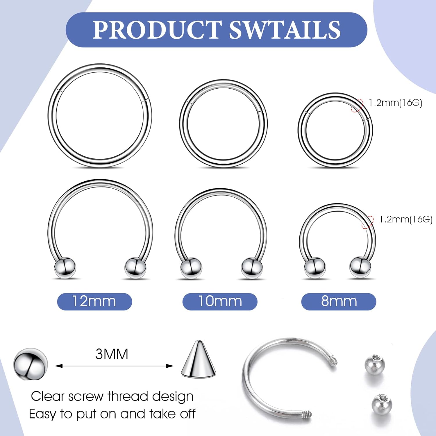 6Pcs Septum Rings 16G Surgical Steel Nose Ring 8mm 10mm 12mm Horseshoe Septum Piercings Hinged Clicker Septum Hoop Rings Lip Earrings Eyebrow Hoops With 6 Replacement Ball Spikes Nose Piercing Jewelry