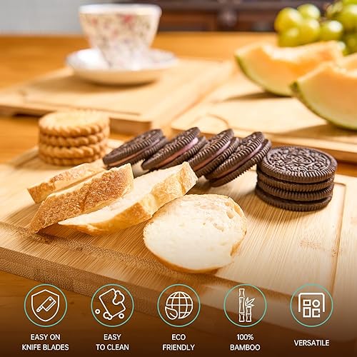 Miniatura 3 de Tablas de cortar de bambú para cocina, tabla de cortar de madera con soporte, juego de tablas de cortar de bambú reversible con ranuras para jugo