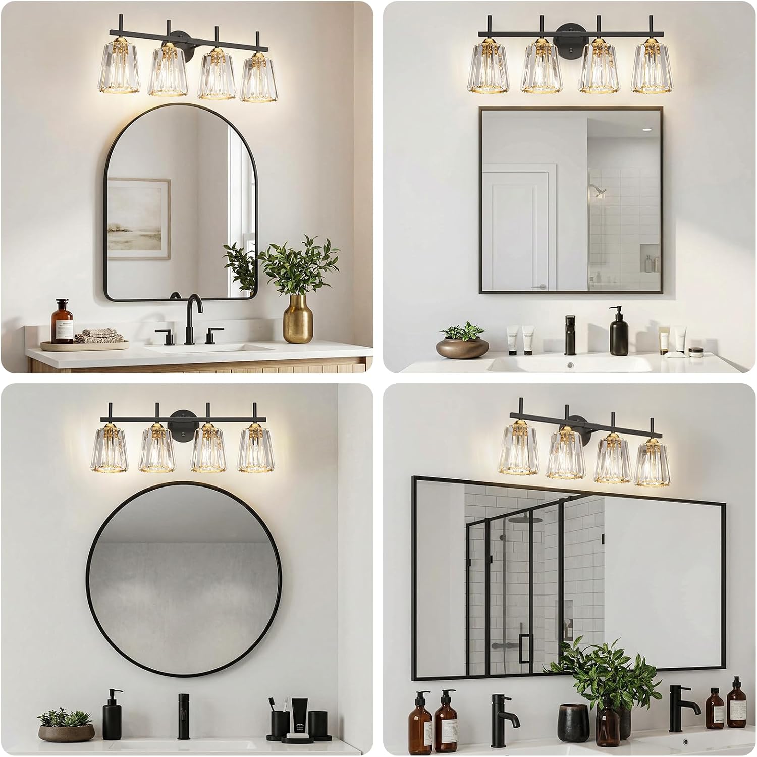 Crystal Bathroom Light Fixtures Over Mirror, Black Gold 4-Light Bathroom Vanity Lights Over Mirror Modern Wall Lighting Sconces with Ceramic E26 Base (Bulbs Not Include)