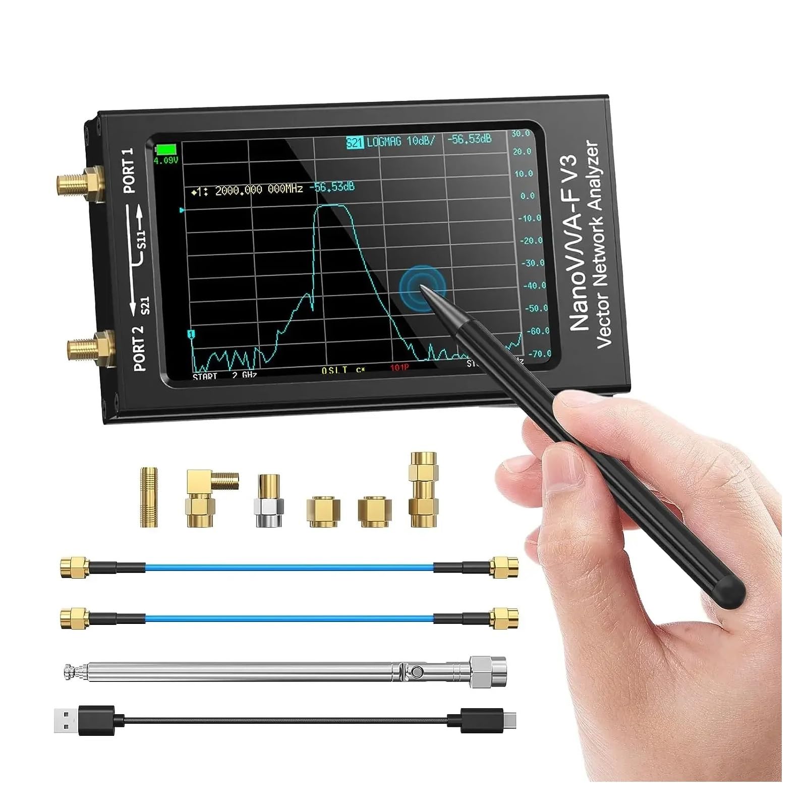 Analizator sieci 4,3-calowy wektorowy analizator sieci NanoVNA-F V2/V3 50 kHz-3 GHz/1 MHz-6 GHz HF VHF UHF VNA anten 801 punktów skanowania do diagnostyki kabli sieciowych(NanoVNA-F V2)