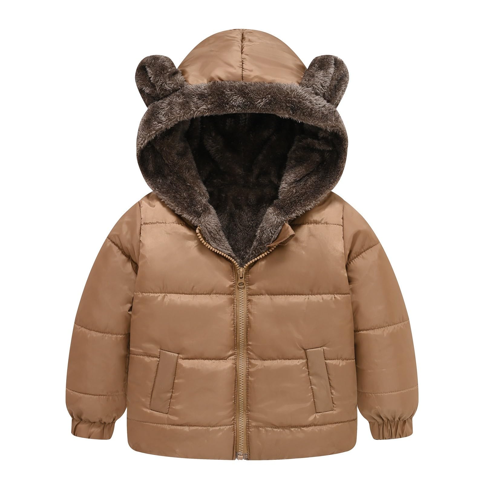 RNTOP Baby Girls Boys Winter Fleece Jackets Toddler Zip Up Bear Ears Hooded Coat Cotton Warm Lined (Khaki, 2-3 Years)