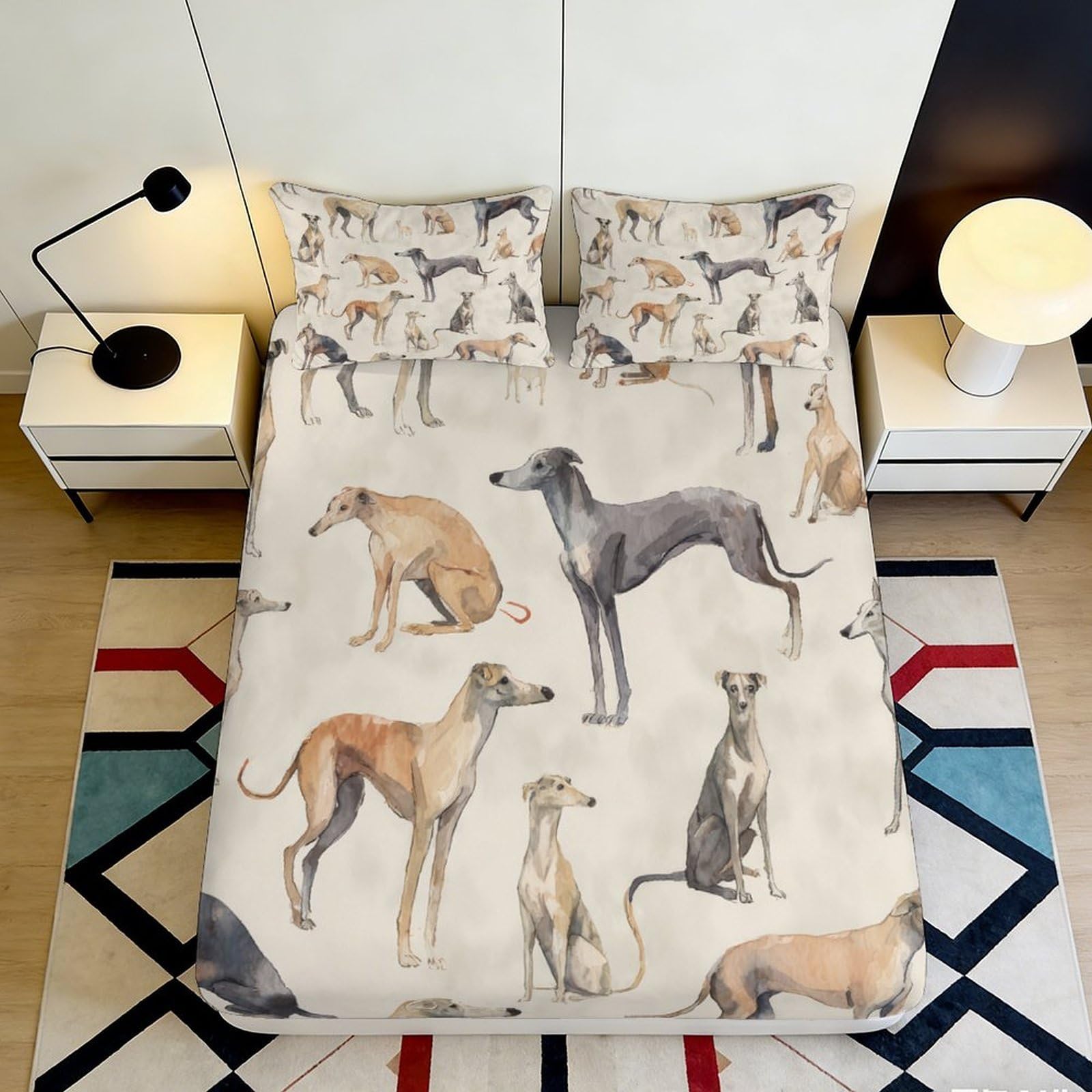 3D Printed Greyhound Dog Pattern Fitted Sheet Microfiber Soft Anti-Slip Bed Cover for Bedroom Guest Room Decor 160x200x25cm