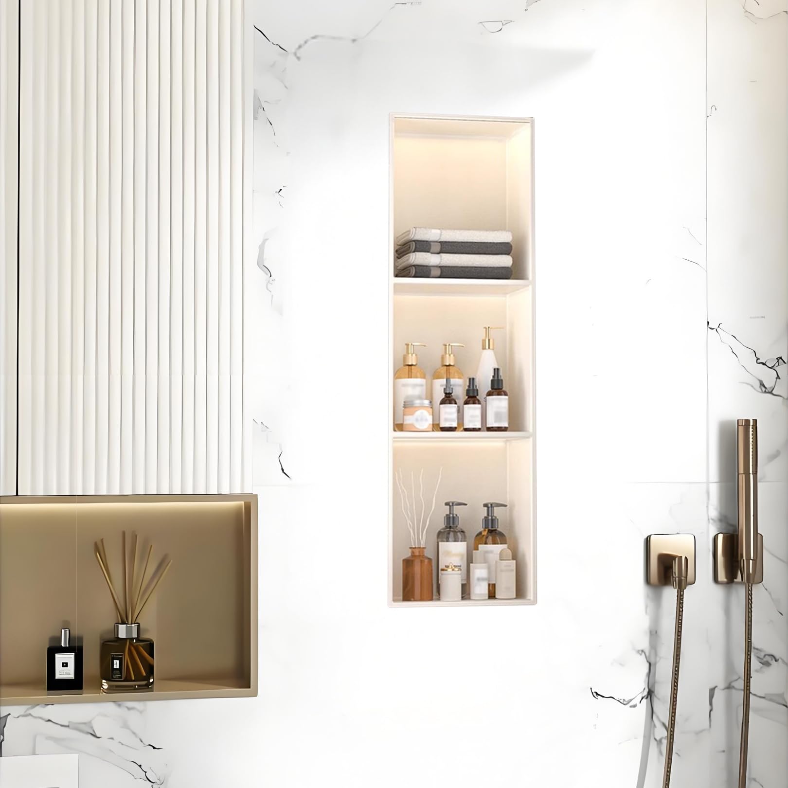 Douche lumineuse LED avec étagère encastrée pour une salle de bain zen