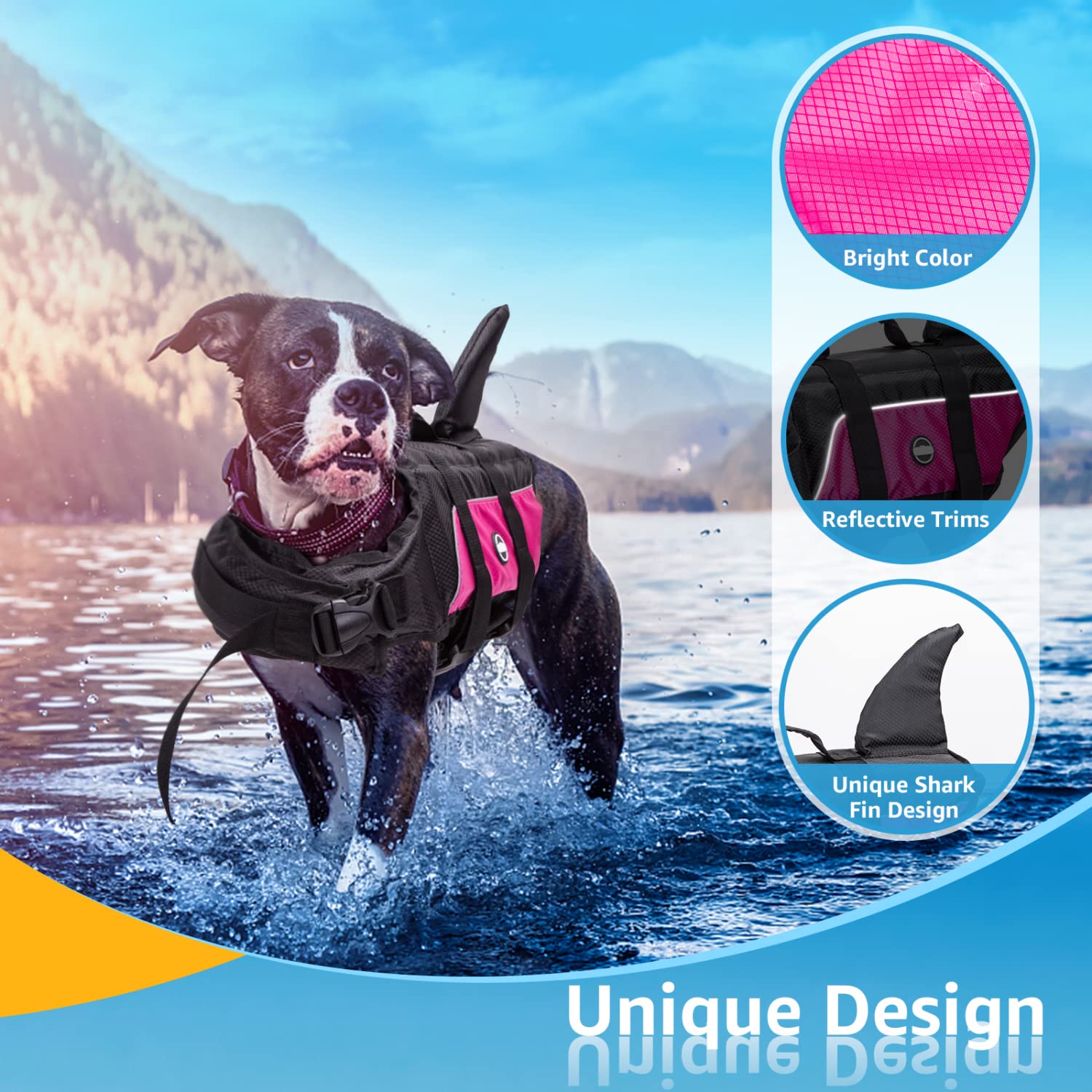 Nobleza - Chaleco Salvavidas para Perros con Aleta De TiburóN, Flotador Perro con Tiras Reflectantes, Chaleco de Natación para Perro con Asa y Alta Flotabilidad para Nadar, Surf, Navegar, Rosa(L)