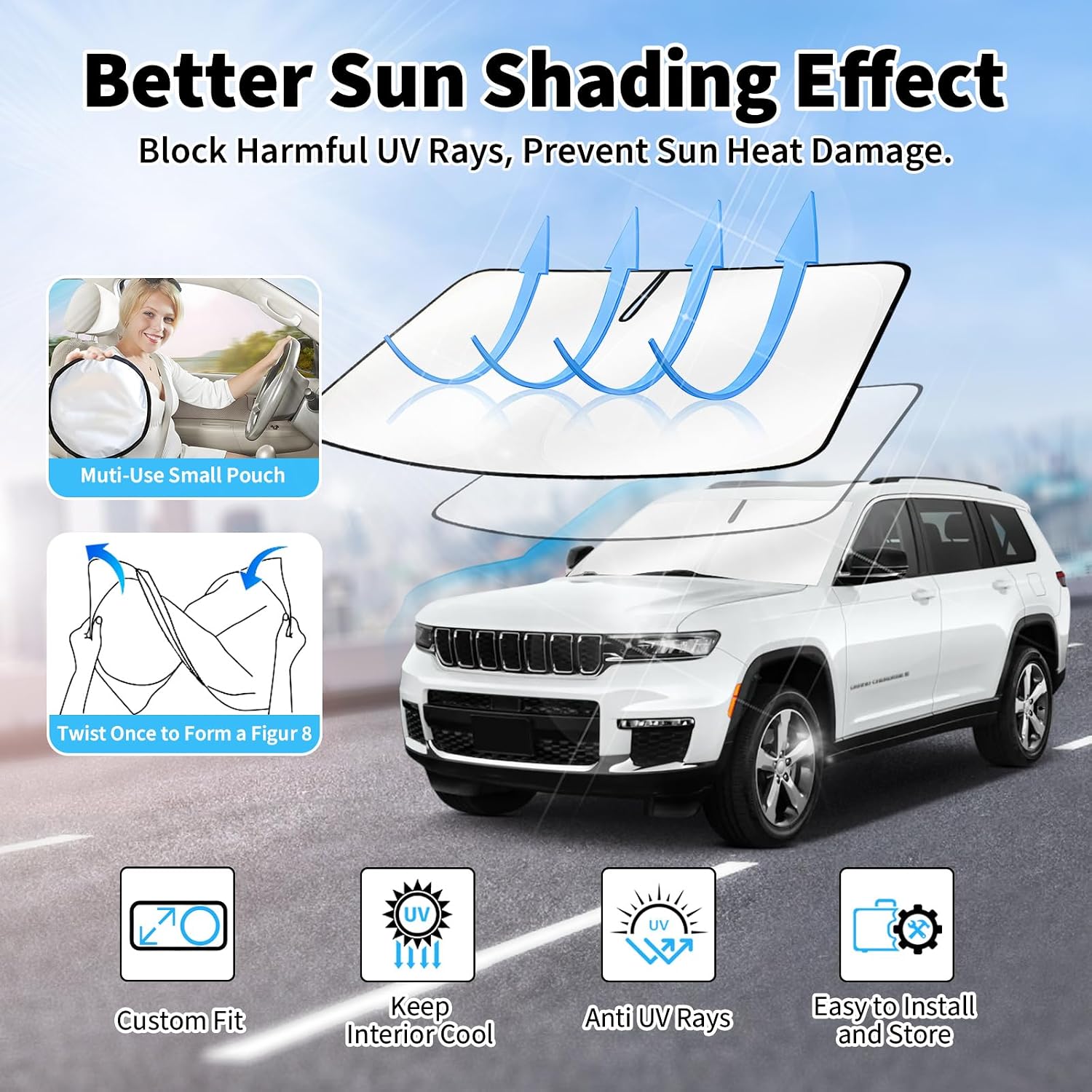 Windshield Sun Shade for Jeep Grand Cherokee/Grand Cherokee L 2021-2025 2026 Accessories, Upgraded Nano Materials Windshield Sunshade, Foldable Windshield Sunshade Protector Keep Car Cooler