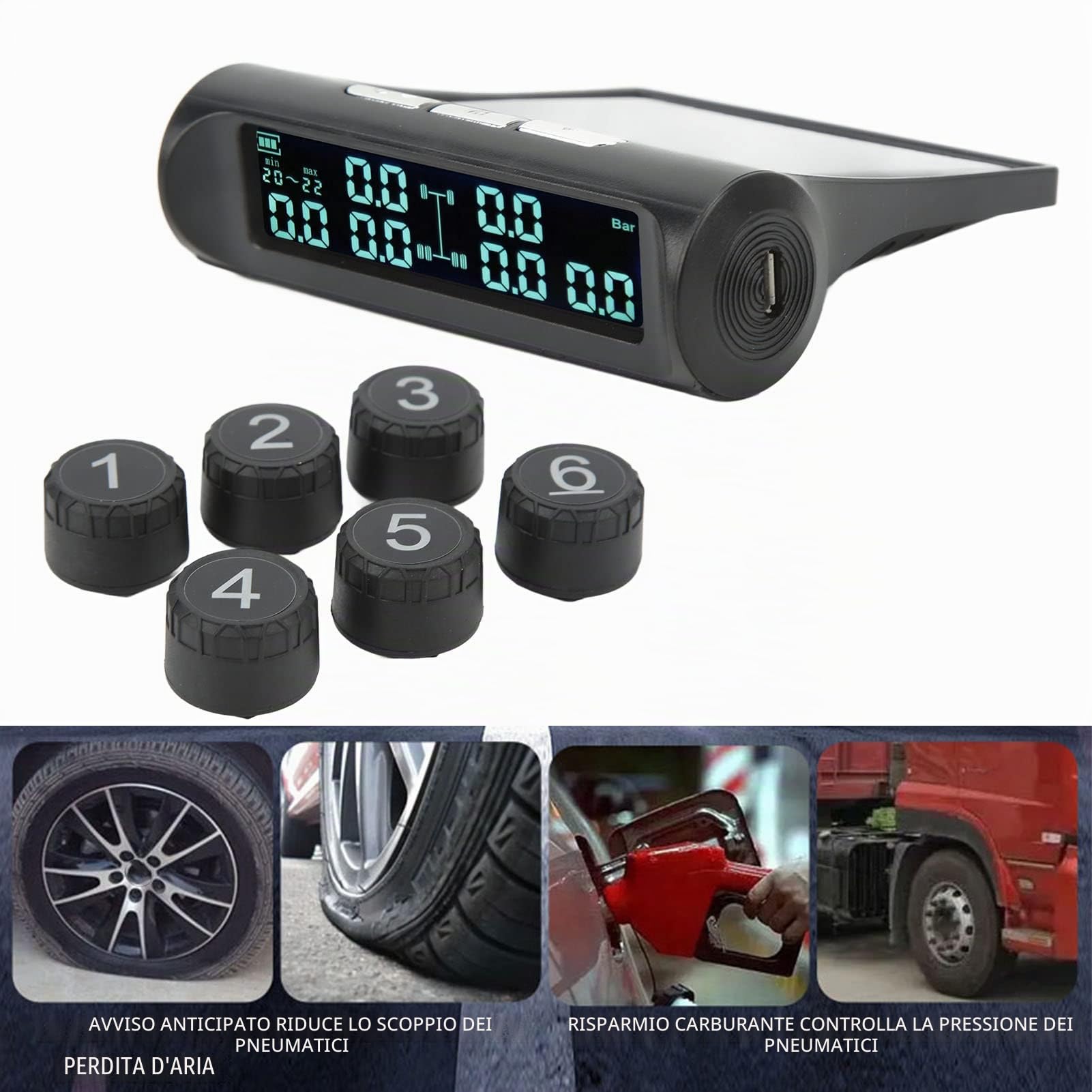 Monitor Pressione Pneumatici 6 Ruote con Allarme Sonoro Avviso LCD, di Monitoraggio Pressione Pneumatici Solare 8bar per Autocarro e RV