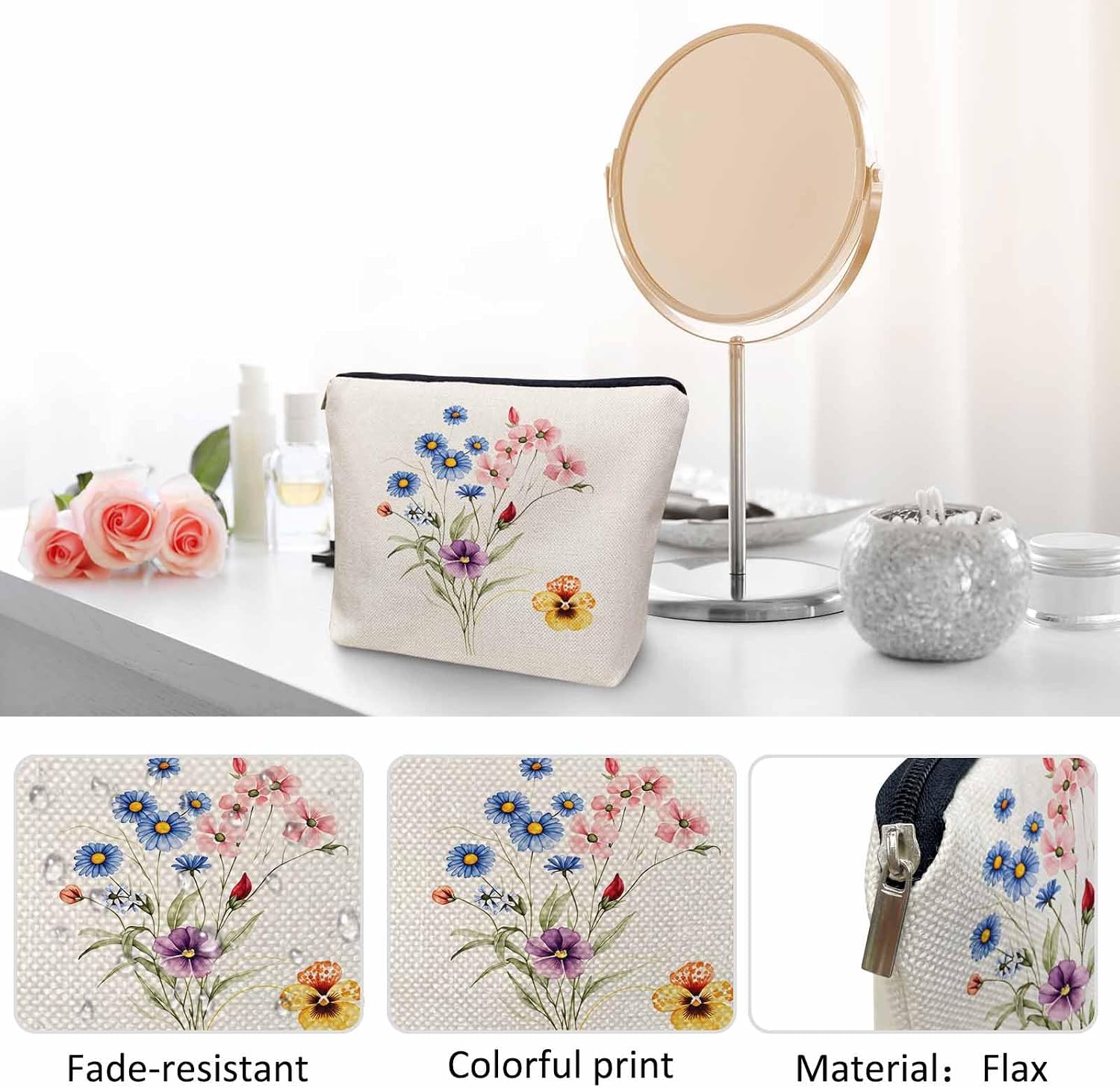 Makeup Bag For Purse Watercolor Floral, Wheat Wild Flowers Cosmetic Bags For Women With Zipper Travel Toiletry Pouch Makeup Bags Makeup Organizers Purse For Toiletries Cosmetics image 5