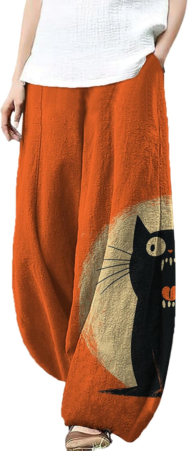 MARSVOVO Wide Leg Pants Woman Lounge Casual Cute Print Harem Pants Plus Size Elastic Travel Palazzo Pants with Pockets