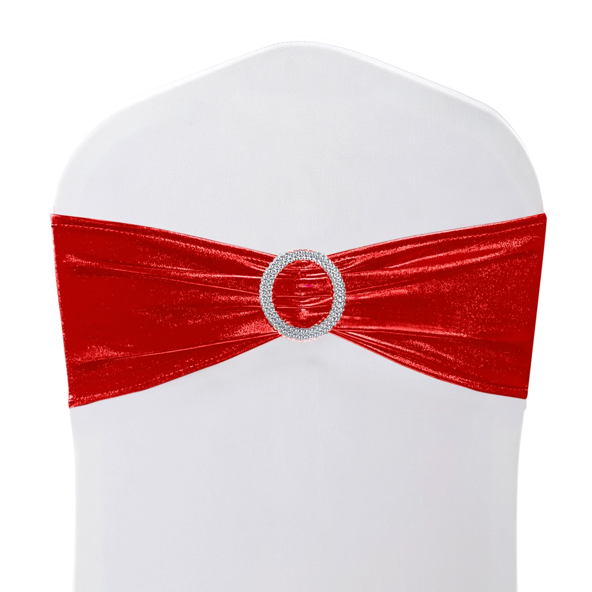 WedDecor Stretch Chair Bands Shiny Spandex Band with Slider Buckle for Events Supplies, Wedding Party Chair Decoration, Formal Meeting, Red, 14 x 5 Inches, 25pcs — image 1