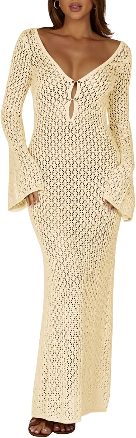 Saodimallsu Womens Crochet Maxi Cover Up Dress Beach Swim Vacation Coverups Long Sleeve Sexy Bodycon Summer Knit Dresses