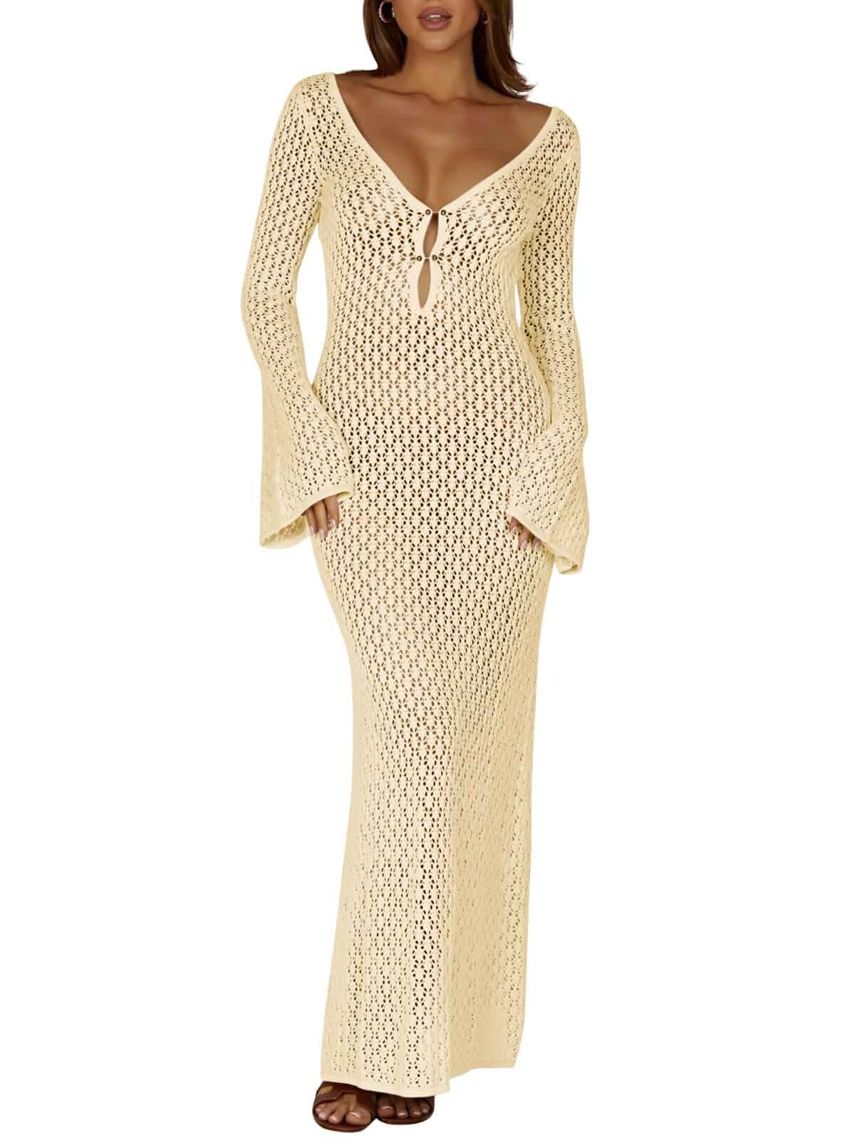 Saodimallsu Womens Crochet Maxi Cover Up Dress Beach Swim Vacation Coverups Long Sleeve Sexy Bodycon Summer Knit Dresses Long Sleeve