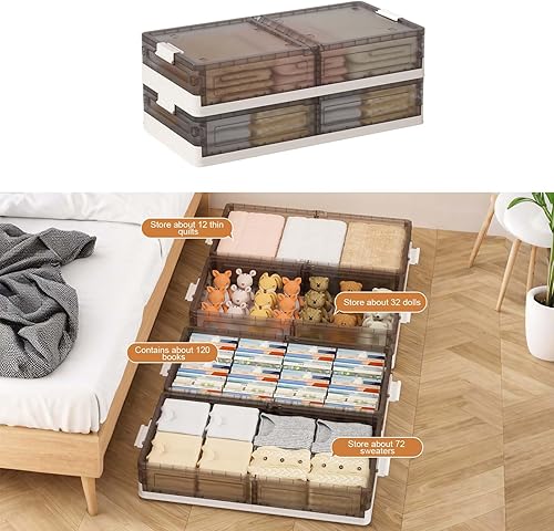 Miniatura 4 de Paquete de 2 contenedores plegables de plástico para debajo de la cama con ruedas, con hebillas seguras, apilables, cajas de almacenamiento de