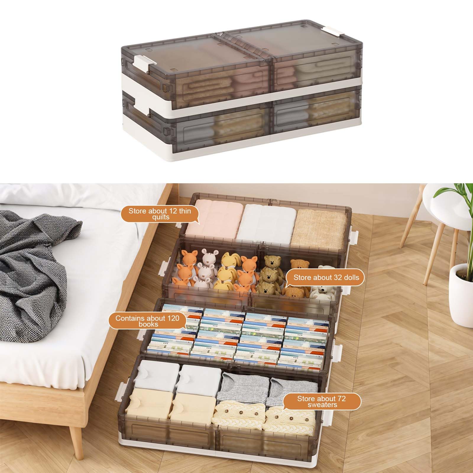 2er Set Unterbett Aufbewahrungsbox Mit Deckel, 43.5 L Durchsichtig Faltbare Kunststoffbox Plastikbox, Bettkasten Aufbewahrung Kleidung,Stapelbox für BüRo,Kinderzimmer,KüChe & Wohnzimmer,81x40.5x17.5cm