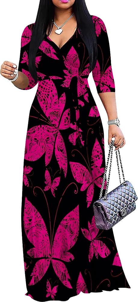Plus Size Fall Maxi Butterfly Dress for Women 2024 Deep V Neck 3/4